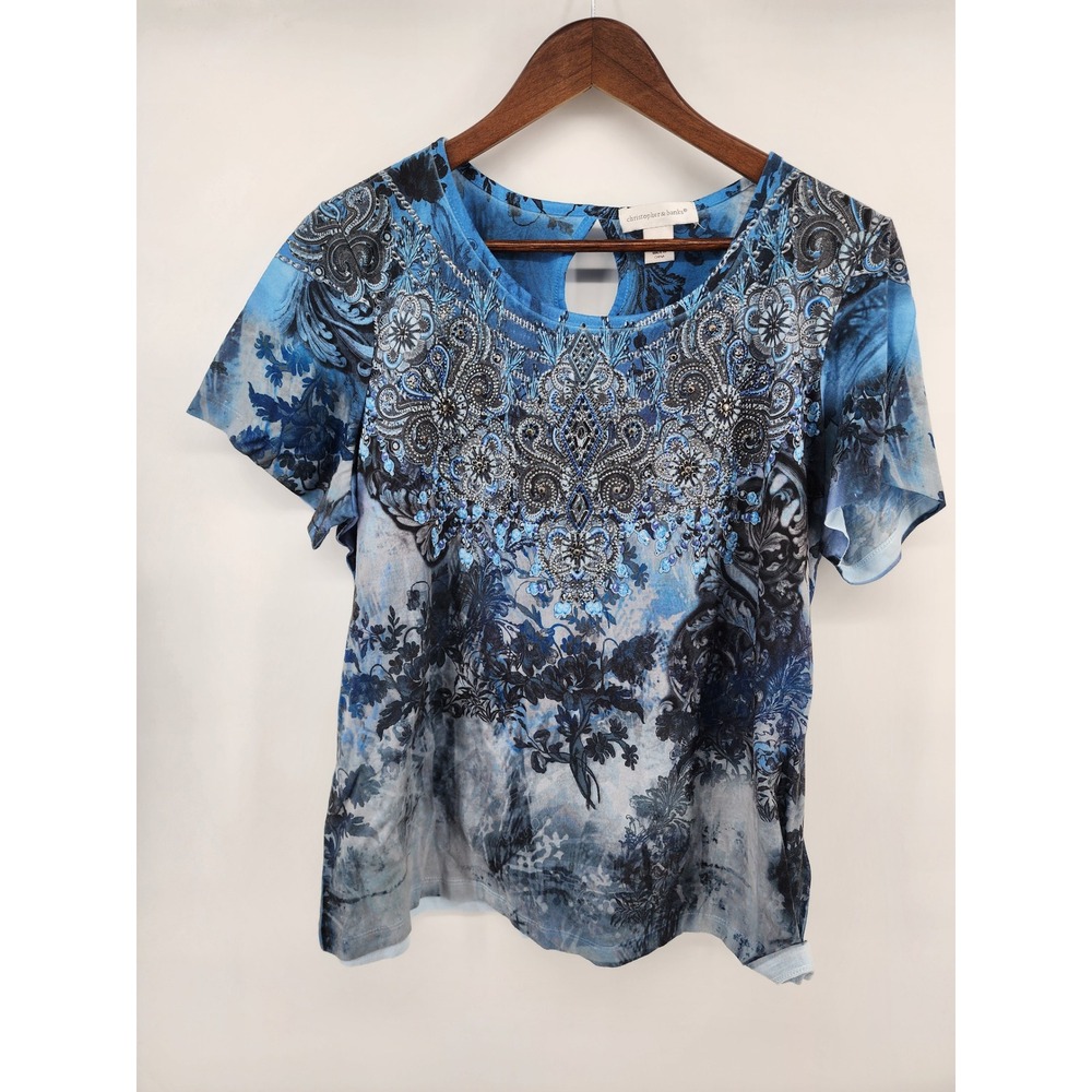 Christopher & Banks Womens XL Blue Paisley Floral Embellished Keyhole Back‎ Top